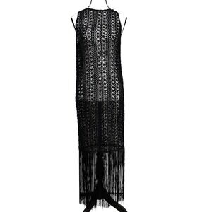 Bear Dance Crochet Fringe Maxi Dress Sleeveless Medium Boho Festival Resort